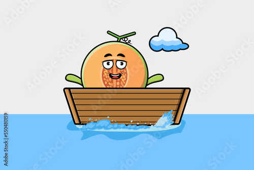 cute cartoon Melon get on boat in vector character illustration