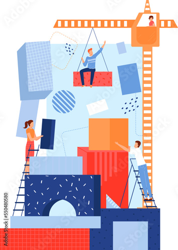 Build construction, cartoon constructor for flat man woman person, vector illustration. Young people construct build from brick