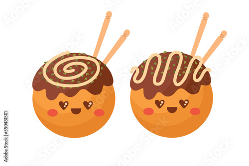 Doodle flat clipart. Cute takoyaki, Asian street food. All objects are repainted.