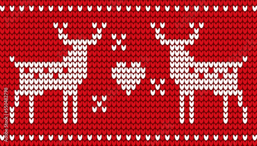 Deer with horns embroidery on red background vector. Moose or stag with hearts and stars or glowing snowflakes. Decoration of clothes and knitwear. Print for Christmas celebration flat style