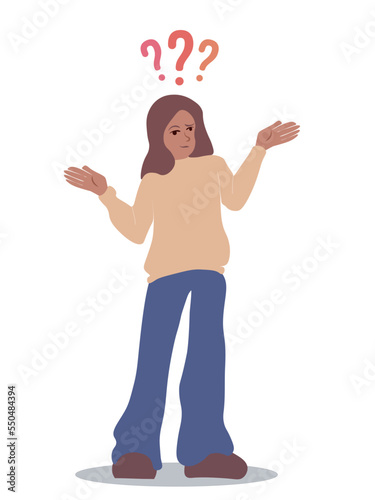 Woman with hands up expressing doubts. Over her head there are question marks. Expressions of indecision and ambiguity. Vector illustration isolated on white background.