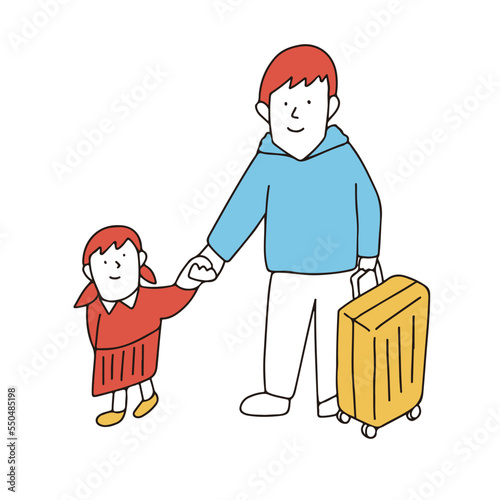 スーツケースを持って帰省・旅行に行く親子