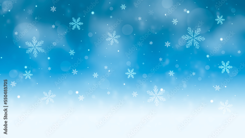 Abstract blue winter background with snow and snowflakes for christmas season.