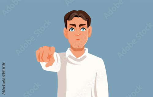 Unhappy Man Blaming and Pointing his Finger Vector Cartoon Illustration. Upset guy feeling disappointed reproaching with jealousy 
