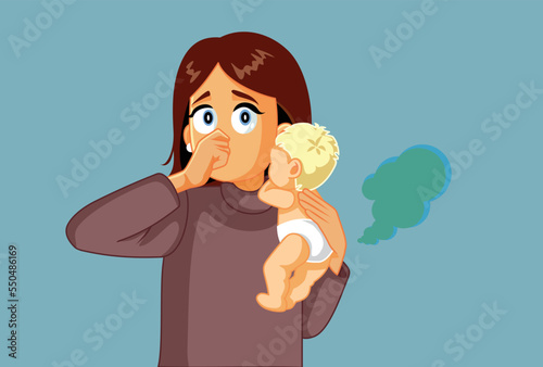 Funny Mother Covering her Nose Needs to Change Diaper Vector Cartoon. New mom surprised by unpleasant smell coming from the nappies 