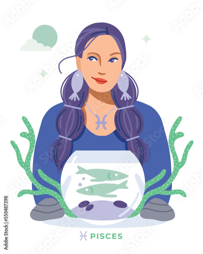 Pisces zodiac sign. Horoscope. Illustration of Pisces astrological sign of beautiful girl with fish. Fish bowl. Coral. Earings. Vector art.