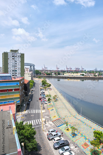 View of Vuelta de Rocha, a historic site in the neighborhood of La Boca, from the terraces of the Benito Quinquela Martin Museum in Buenos Aires, Argentina.  photo