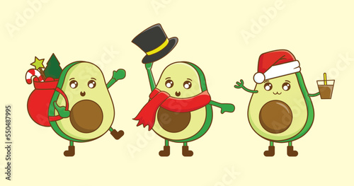 Set of funny avocado merry christmas greeting card vector illustration