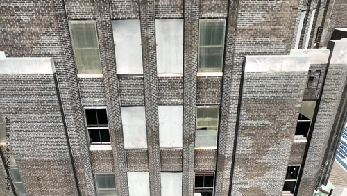 A descending view of the architecture and brick front of the Grand Central Station in Buffalo, New York.