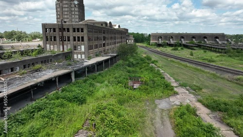 An aerial flyover of the Grand Central Railway Station out buildings in Buffalo, New York.