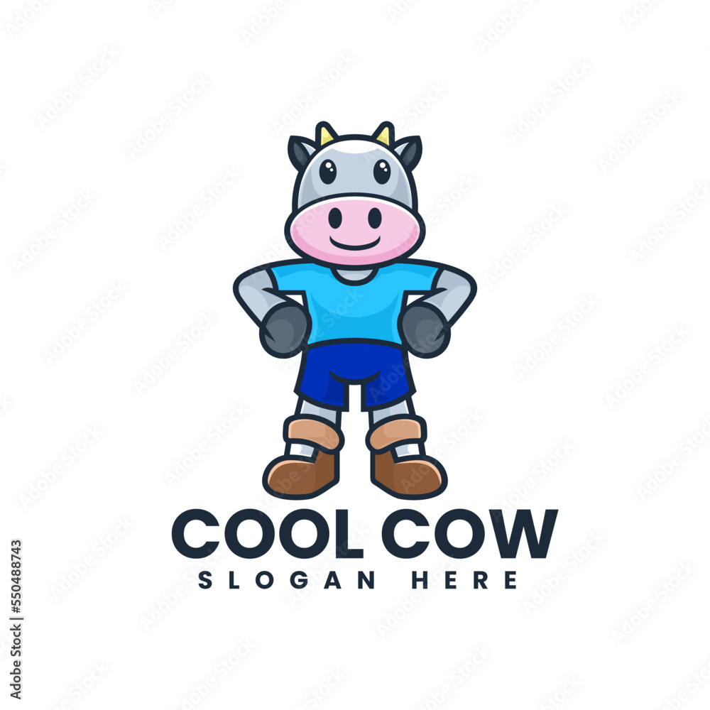 Vector Logo Illustration Cool Cow Mascot Cartoon Style.