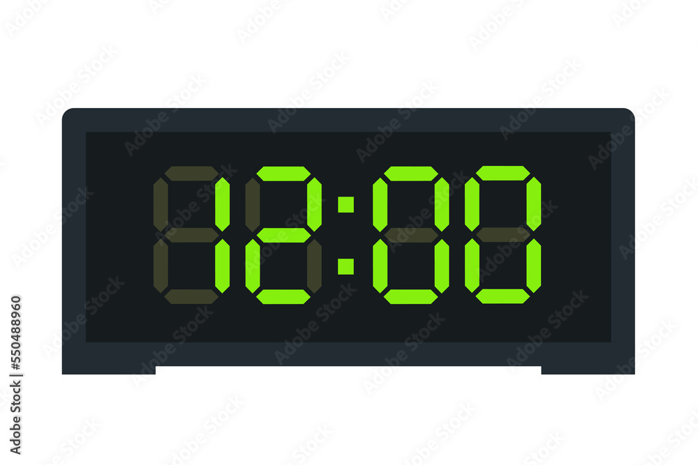 Vector flat illustration of a digital clock displaying 12.00 . Illustration of alarm with led digital number design. Clock icon for hour, watch, alarm signs. Vector flat illustration of a digital clock displaying 12.00 . Illustration of alarm with led digital number design. Clock icon for hour, watch, alarm signs.
