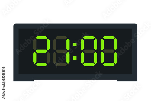 Vector flat illustration of a digital clock displaying 21.00 . Illustration of alarm with led digital number design. Clock icon for hour, watch, alarm signs.