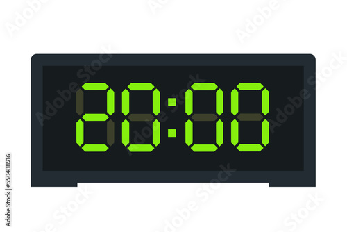 Vector flat illustration of a digital clock displaying 20.00 . Illustration of alarm with led digital number design. Clock icon for hour, watch, alarm signs.