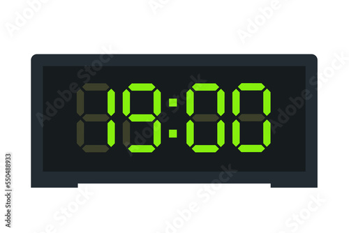 Vector flat illustration of a digital clock displaying 19.00 . Illustration of alarm with led digital number design. Clock icon for hour, watch, alarm signs.