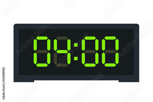 Vector flat illustration of a digital clock displaying 04.00 . Illustration of alarm with led digital number design. Clock icon for hour, watch, alarm signs.