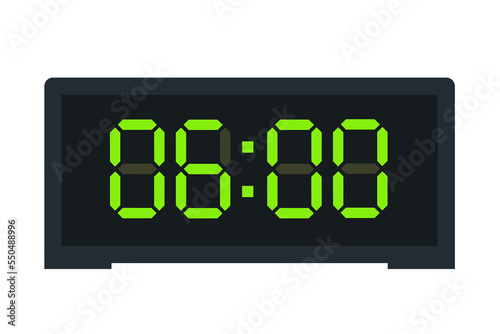 Vector flat illustration of a digital clock displaying 06.00 . Illustration of alarm with led digital number design. Clock icon for hour, watch, alarm signs.