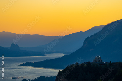 Early Morning Panorama of Vista House on Columbia River Gorge Historic Highway 