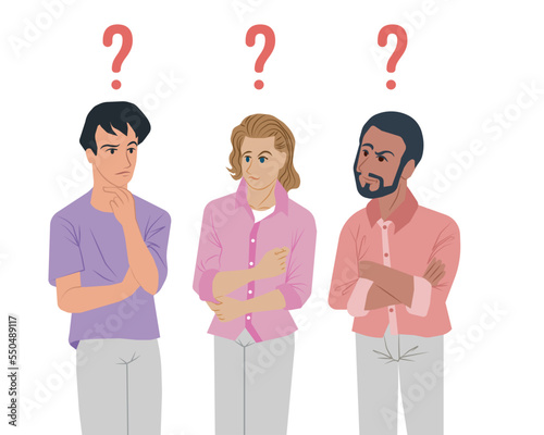 Group of three men expressing doubts.Doubtful serious characters set. Mistrust, distrust and disbelief. Flat vector illustrations isolated on white background