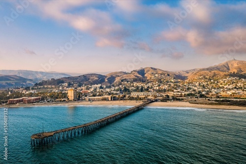View of Ventura beach across the water on a sunny day, California, USA