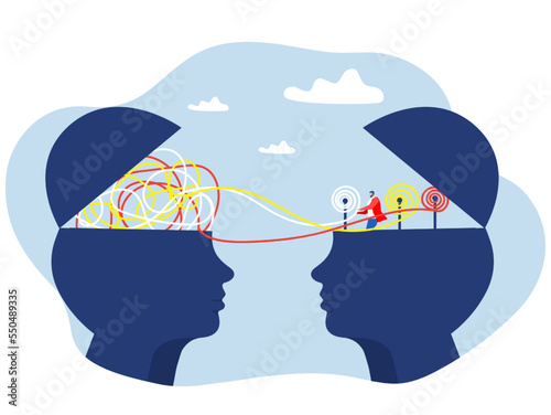 Two human heads silhouette decoding and understanding problem or rational and irrational thinking, conflict. Ordering thoughts into structure  brain mental health psycho therapy concept