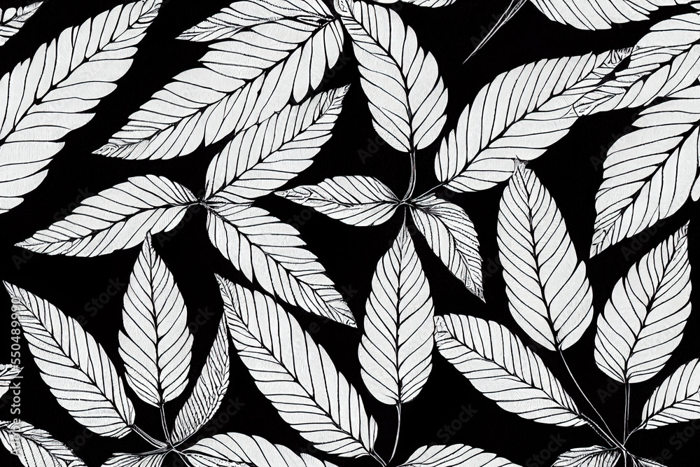 Black and white seamless pattern with leaves on black background illustration 