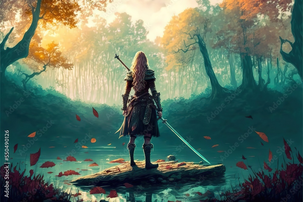 Fantasy warrior girl with a sword near a pond - obrazy, fototapety, plakaty 