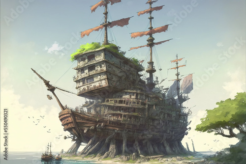 Fantasy tree house pirate ship concept art 