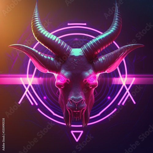 Futuristic Vaporwave Synthwave demonic satanic baphomet devil head with purple and pink neon lights design, 