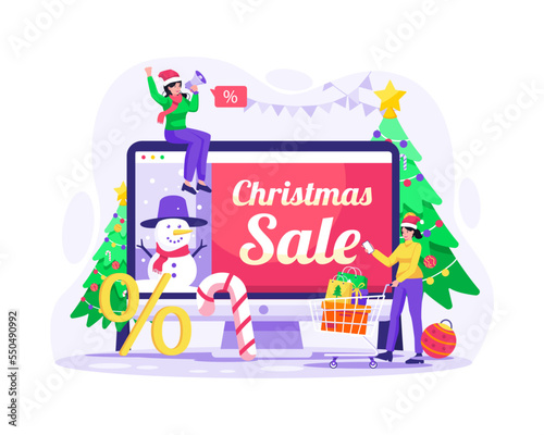 E-commerce Christmas Sale Banner and Shopping concept. People shop in E-Commerce at Christmas Sale. Vector illustration in flat style