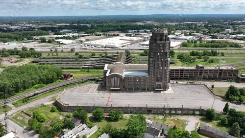 An aerial view of the green city of Buffalo, New York of a beautiful summer day with the Grand Central Station and railroad yard in the background.