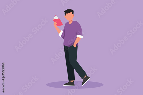 Graphic flat design drawing of smart guy standing and reading book. Young man love to read. Male students with open books in hands. Education and knowledge concept. Cartoon style vector illustration