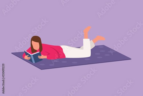 Cartoon flat style drawing young woman lying and reading books at home. Student studying and preparing for exam with textbooks. Beauty female reader with literature. Graphic design vector illustration