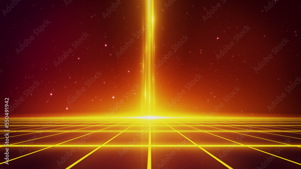 Retro style 80s-90s galaxy background. Futuristic Grid landscape. Digital Cyber Surface. Suitable for design in the style of the 1980s-1990s. 3D illustration
