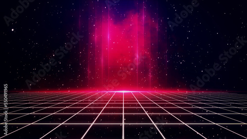 Retro style 80s-90s galaxy background. Futuristic Grid landscape. Digital Cyber Surface. Suitable for design in the style of the 1980s-1990s. 3D illustration