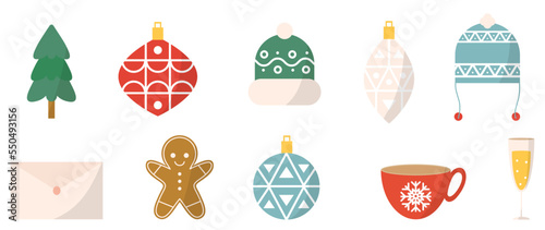 Set of winter vibrant christmas element vector illustration. Collection of christmas tree, bauble ball, knitted hat, letter, gingerbread man. Design for sticker, card, poster, invitation, greeting.