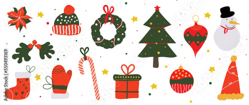 Set of winter vibrant christmas element vector illustration. Collection of christmas tree, wreath, bauble ball, knitted hat, glove, snowman. Design for sticker, card, poster, invitation, greeting.