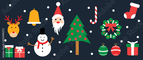 Set of winter vibrant christmas element vector illustration. Collection of christmas tree, wreath, bauble ball, sock, santa, bell, snowman. Design for sticker, card, poster, invitation, greeting.