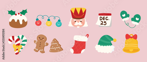 Set of winter vibrant christmas element vector illustration. Collection of christmas cake, light wire, candy cane, gingerbread man, sock, hat. Design for sticker, card, poster, invitation, greeting.