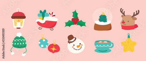Set of winter vibrant christmas element vector illustration. Collection of candle lantern, sleigh, holly, snow crystal ball, reindeer, snowman. Design for sticker, card, poster, invitation, greeting.