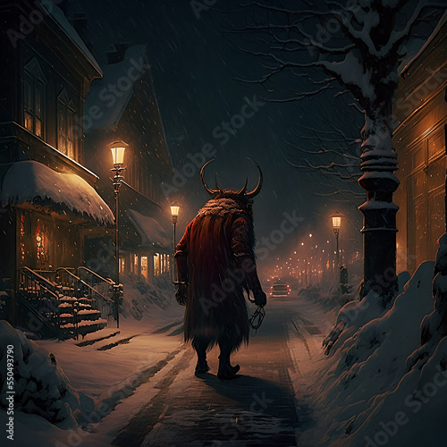 Krampus stalking snowy street at night