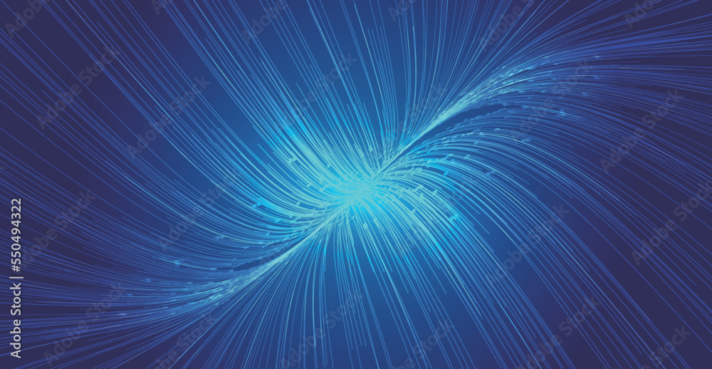 Fototapeta premium The blue curved dot line extends to converge the big data vector background of Internet technology