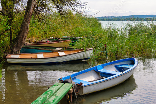 Boats moored behind the reeds on Lake Balaton - Tihany  Hungary