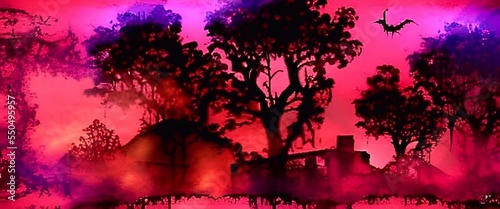 Red Spooky horror forest with building Background 