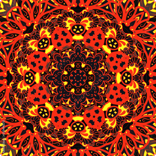 Seamless tile texture. Tracery mehndi design image. Dark toxic colors. Ethnic doodle art. Curved doodling picture. Vector