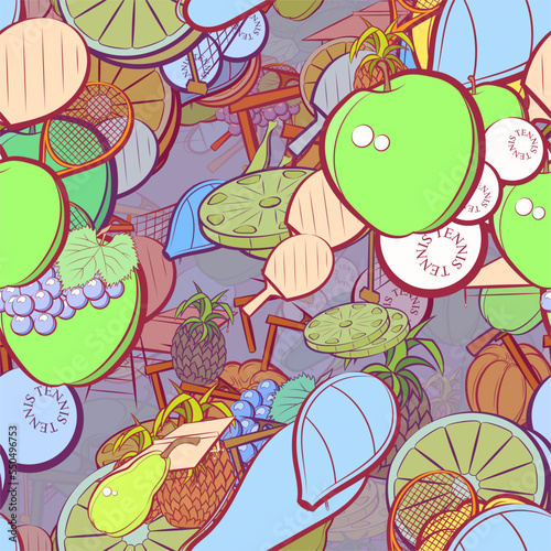 Background pattern abstract design texture. Seamless. Tennis and Fruits. Theme is about berries, leaflet, game, ping-pong, peel, tennis balls, case, slices, inventory, pieces, Apple, balls