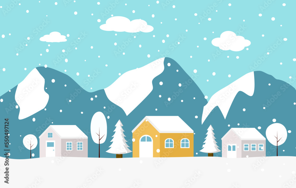 Winter house with mountain and snow on background.