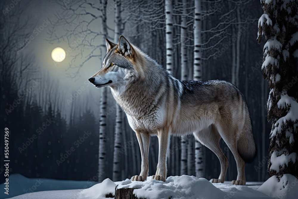 A gray wolf in a winter forest. Gray wolf in the winter forest at night. Moon in the background. Digital artwork - obrazy, fototapety, plakaty 