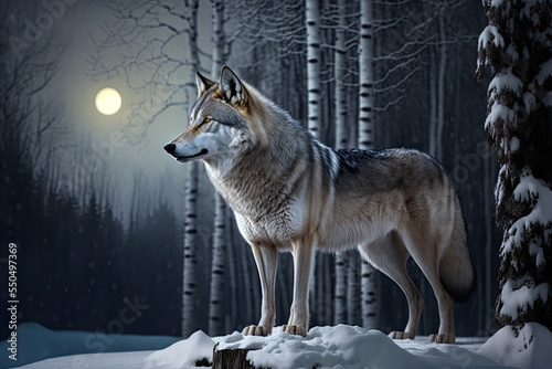 A gray wolf in a winter forest. Gray wolf in the winter forest at night. Moon in the background. Digital artwork