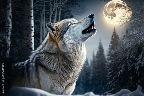 A gray wolf in a winter forest howls at the moon at night. Digital artwork photo